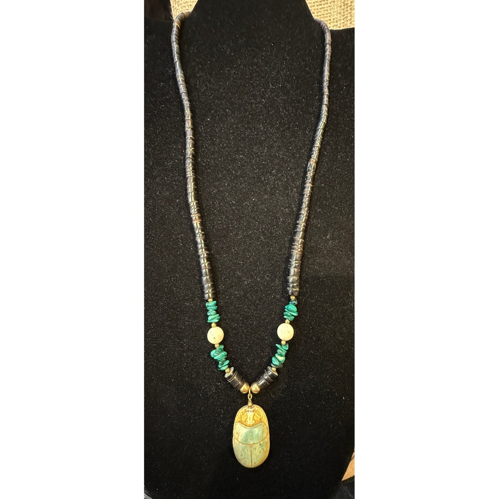 Vintage Egyptian Revival Scarab Beetle Carved Stone Beaded Necklace Malachite